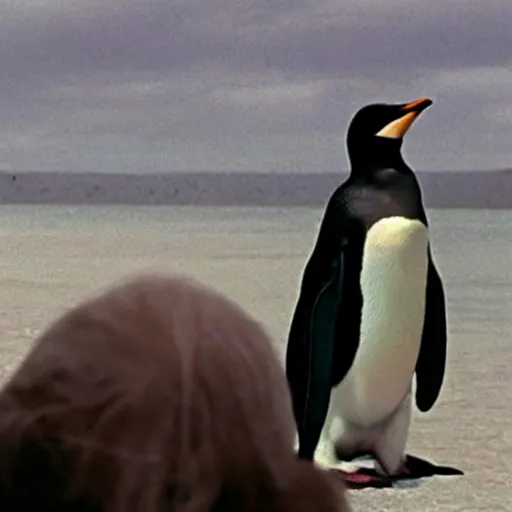 Image similar to a penguin narrating a Morgan Freeman movie for once, high definition