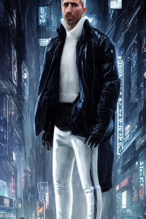 Prompt: extreme long shot. 35 years old blonde russian man in white adidas pants. black letaher jacket. white sneakers. hangover face. staying on the street. 4k, 8k, hyprerealistic, extreme hight detail, trending on artstation, masterpiece. bladerunner 2049 colors. colourful