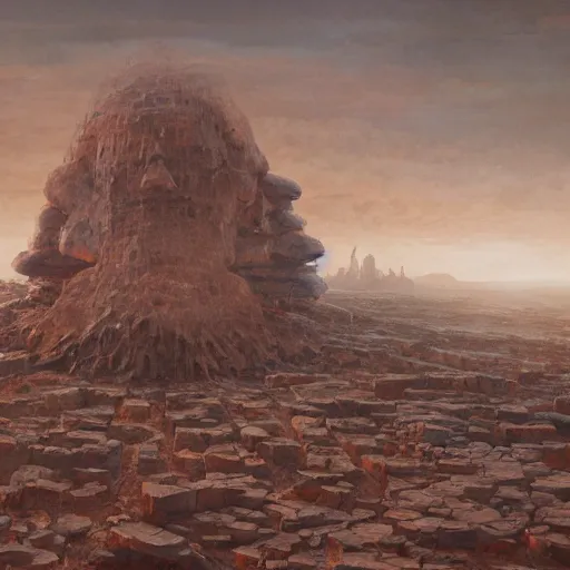 Prompt: panorama of giant stone golem carrying a city on its back walking through a desert, oil painting, by greg rutkowski