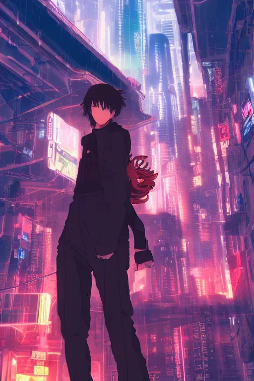 Image similar to beautiful anime man in a cyberpunk environment, sunset, very accurate and detailed, 8k