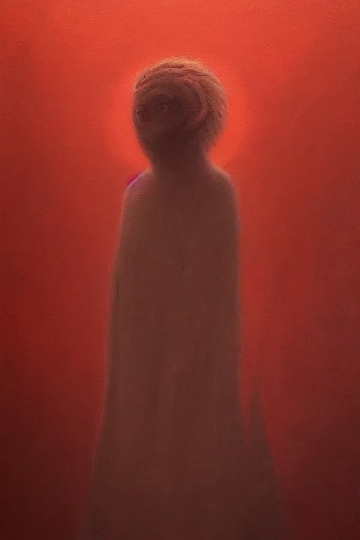 Image similar to a painting of a person standing in the snow, blizzard, a surrealist painting by zdzisław beksinski and by alena aenami, deviantart, nuclear art, dystopian art, apocalypse landscape, red color scheme, surrealist
