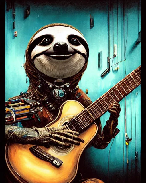 Image similar to a portrait of an anthropomorphic cyberpunk sloth strumming an acoustic guitar by sandra chevrier, by jon foster, detailed render, tape deck, epic composition, cybernetics, 4 k realistic, cryengine, realistic shaded lighting, sharp focus, masterpiece, by enki bilal