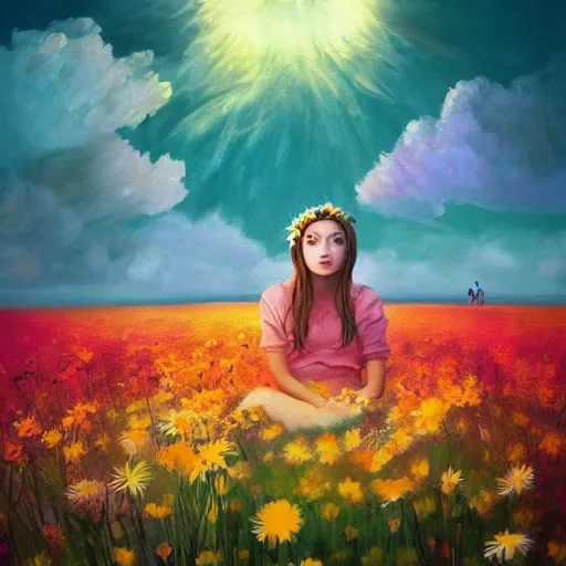 Image similar to giant daisies flower as head, girl sitting in a flower field, surreal photography, sunrise, dramatic light, impressionist painting, colorful clouds, digital painting, artstation, simon stalenhag