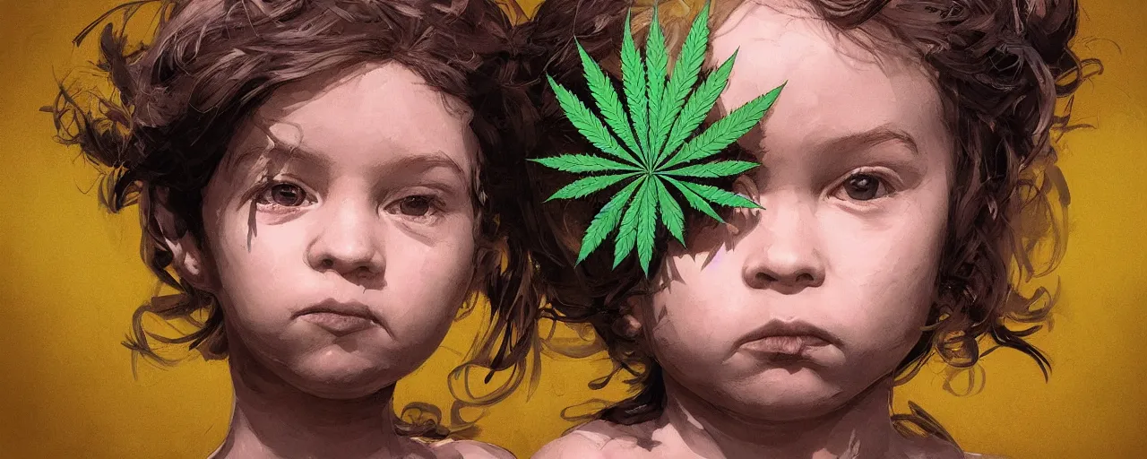 Prompt: duotone concept illustration 3 / 4 portrait of a child's face consisting of cannabis, marijuana!, cinematic volumentric lighting, jim cheung, david marquez, mike deodato jr, ilya kuvshinov, makoto shinka, behance hd by jesper ejsing, by rhads, hyper detailed, octane render, concept art, artstation