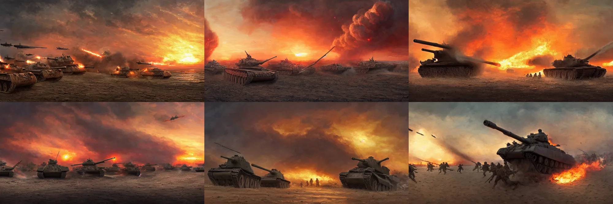 Prompt: normandy!!!!!, sunset, soldiers charging in, chaos!!!, fire, 1 9 4 5, cinematic, airplanes bombing the beach, ray tracing, the landings, sadness, highly detailed, ( ( painting ) ) by jessica rossier and ivan shishkin, d - day, destroyed tanks, smoke, ultra realistic!!!, wide shot