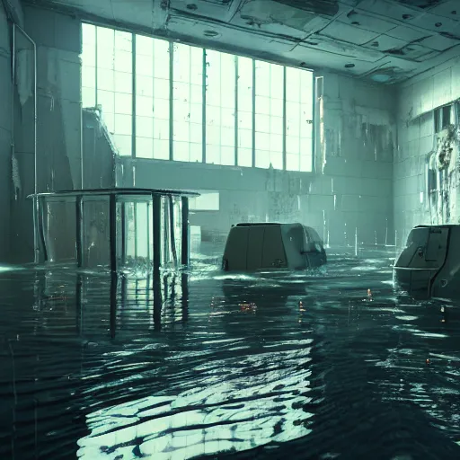 Image similar to flooded, desecrated, abandoned, no windows, cyberpunk science lab, ultra realistic, concept art, intricate details, eerie, highly detailed, photorealistic, octane render, 8 k, unreal engine, art by ben evrard