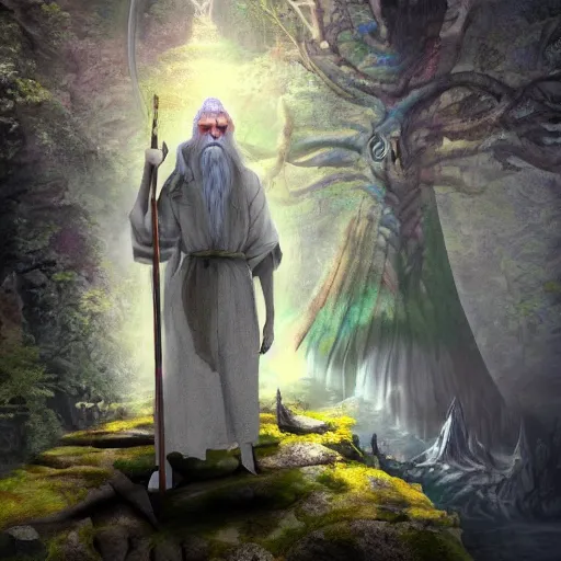 Image similar to an epic image of gandalph the grey, taking lsd and waiting for psychedelic trip, background magic psycheeelic forest, acis colors, digital art, artstation, unreal engine