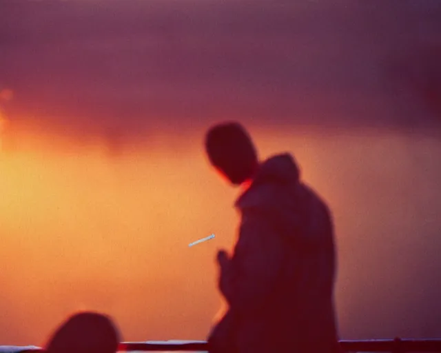 Image similar to lomo photo of pair standing on small hrushevka balcony full with cigarette smoke in small russian town looking at sunset, cinestill, bokeh