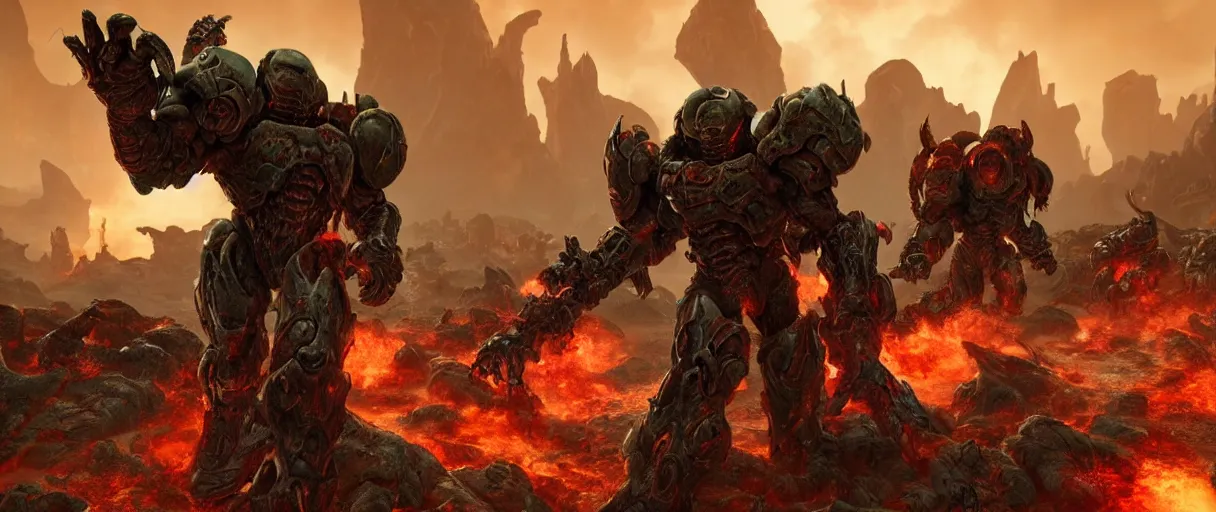 Image similar to doom slayer defeating hordes of demons and creatures on Urdak, wide shot, high detail, photorealistic, “doom eternal”, unreal engine