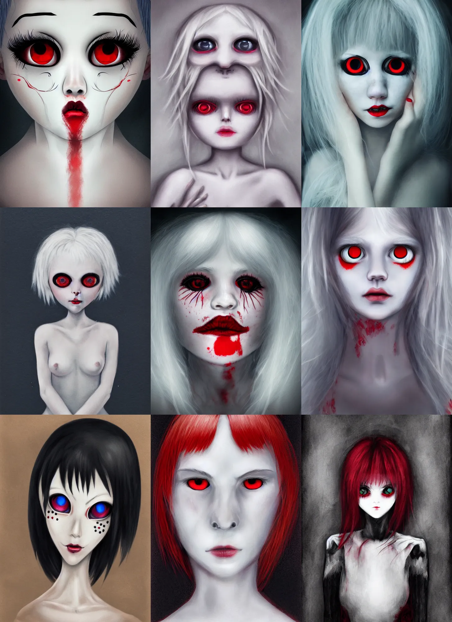 Prompt: detailed portrait of a ghost girl red eyes short white hair