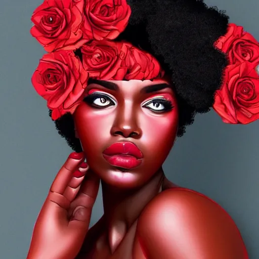 Prompt: beautiful black woman 👩🏿‍🦳 with🌹red flowers for hair, intense colours, vibrant and vivid, Digital art, hyper detailed, opulent, hyper realistic, bizarre, 8k
