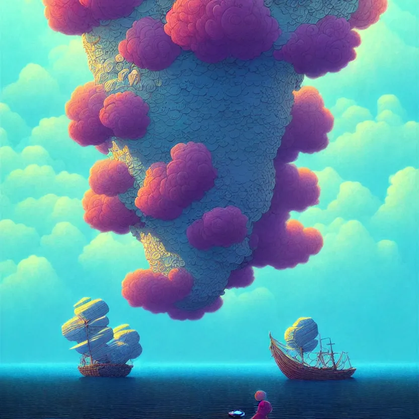 Image similar to sea cloud, summer morning, very coherent and colorful high contrast, art by! gediminas pranckevicius! geof darrow, pastel color, volumetric lighting, cinematic, floralpunk screen printing woodblock, dark shadows, hard lighting, stippling art