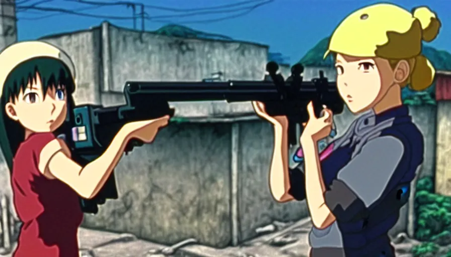 Image similar to 8 k screencap of a girl with a gun on a favela anime, by hayao miyazaki, studio ghibli, favela background extremely high quality artwork