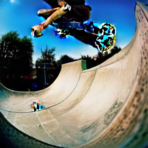 Image similar to award winning color photo of, Tony Hawk, skateboarding, doing a 900, in the 1986 vert contest, fisheye lens, detailed faces, detailed skateboard, 8k, balanced composition