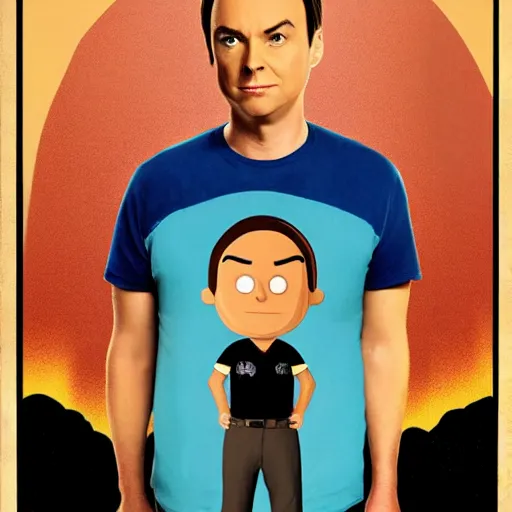 Image similar to movie poster of Sheldon from The Big Bang theory saying Bazinga while standing on a small island