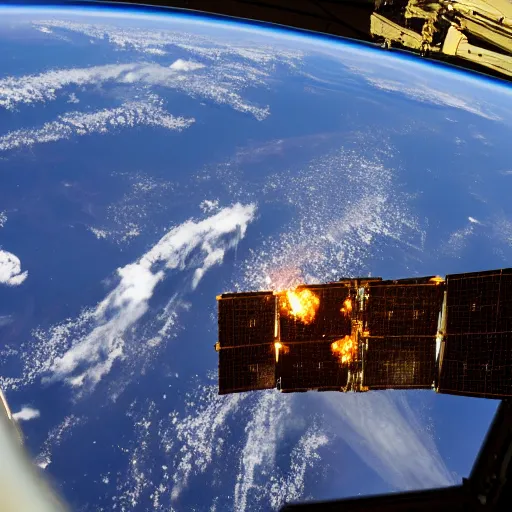 Image similar to photograph from the international space station window as planet earth splits in half following a large asteroid impact, fire explosions