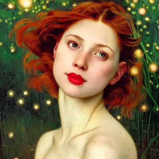 Image similar to a highly detailed portrait of a red haired young woman, among golden fireflies and nature, by night, green eyes, round gentle face, hint of freckles, cheeky smile with red lips, deep focus, smooth, sharp, golden ratio, elegant, digital painting by artemisia lomi gentileschi, caravaggio, artgerm, alphonse mucha