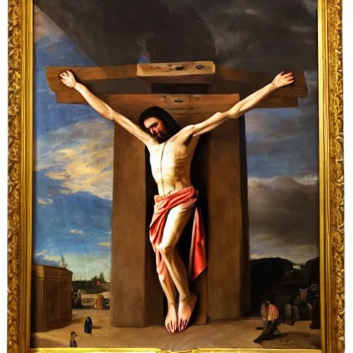 Prompt: donald trump crucified in the style of christ crucified diego velazquez, a painting of donald trump being crucified