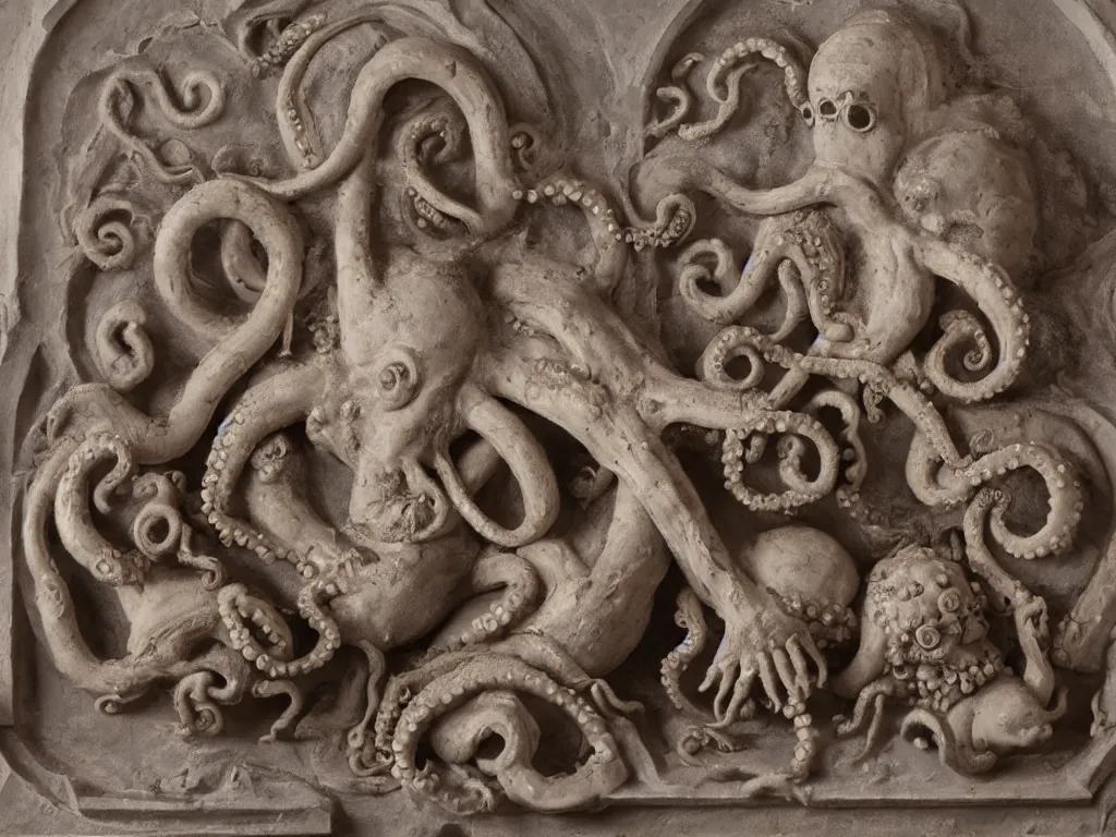 Image similar to twin embryos and octopus with machine gun bas-relief, baroque, highly detailed