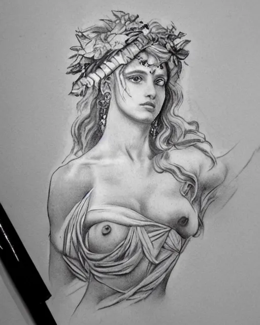 Image similar to realism tattoo sketch of a beautiful greek goddess aphrodite wearing a laurel wreath and triangle earrings, in the style of greg rutkowski, amazing detail