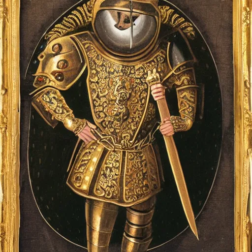Prompt: man in decorated with gold medieval baroque style armor and helmet and golden cross on his chest 19 century art style