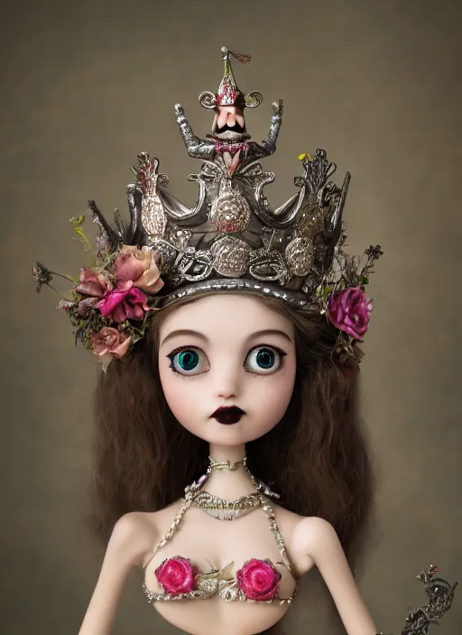 Prompt: closeup face profile portrait of a tin toy fairytale goth princess wearing a crown eating cakes, bikini, depth of field, zeiss lens, detailed, symmetrical, centered, fashion photoshoot, by nicoletta ceccoli, mark ryden, lostfish, breathtaking, 8 k resolution, extremely detailed, beautiful, establishing shot, artistic, hyperrealistic, octane render