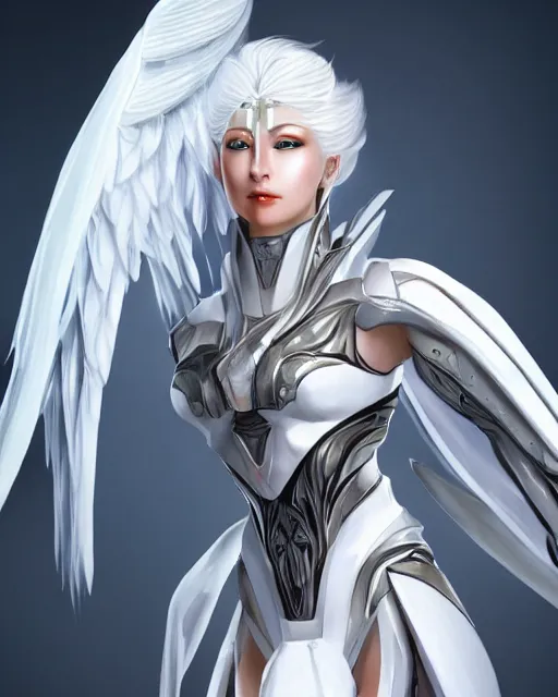 Image similar to perfect white haired attractive egyptian goddess with huge white dove wings, warframe armor, beautiful, symmetric, dreamy, half asian, pretty face, blue eyes, detailed, scifi platform, laboratory, experiment, 4 k, ultra realistic, epic lighting, android body, illuminated, cinematic, masterpiece, art by akihito tsukushi, voidstar