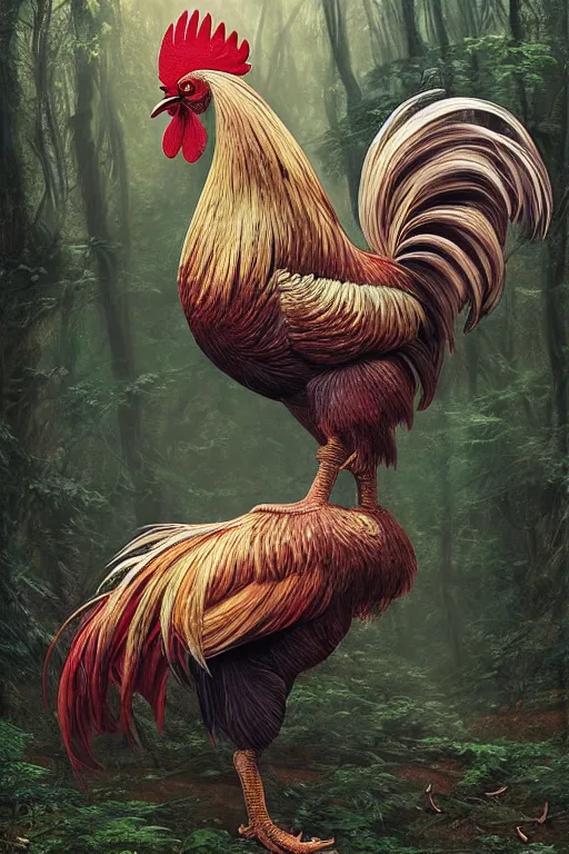 Image similar to a beautiful rooster in a forest, inspired by thomas eakes & greg rutkowski & xiang duan, perfect symmetry, magic realism, post - processing, extremely hyper - detailed, intricate, soft - lighting, lifelike attributes, masterpiece, pastel'