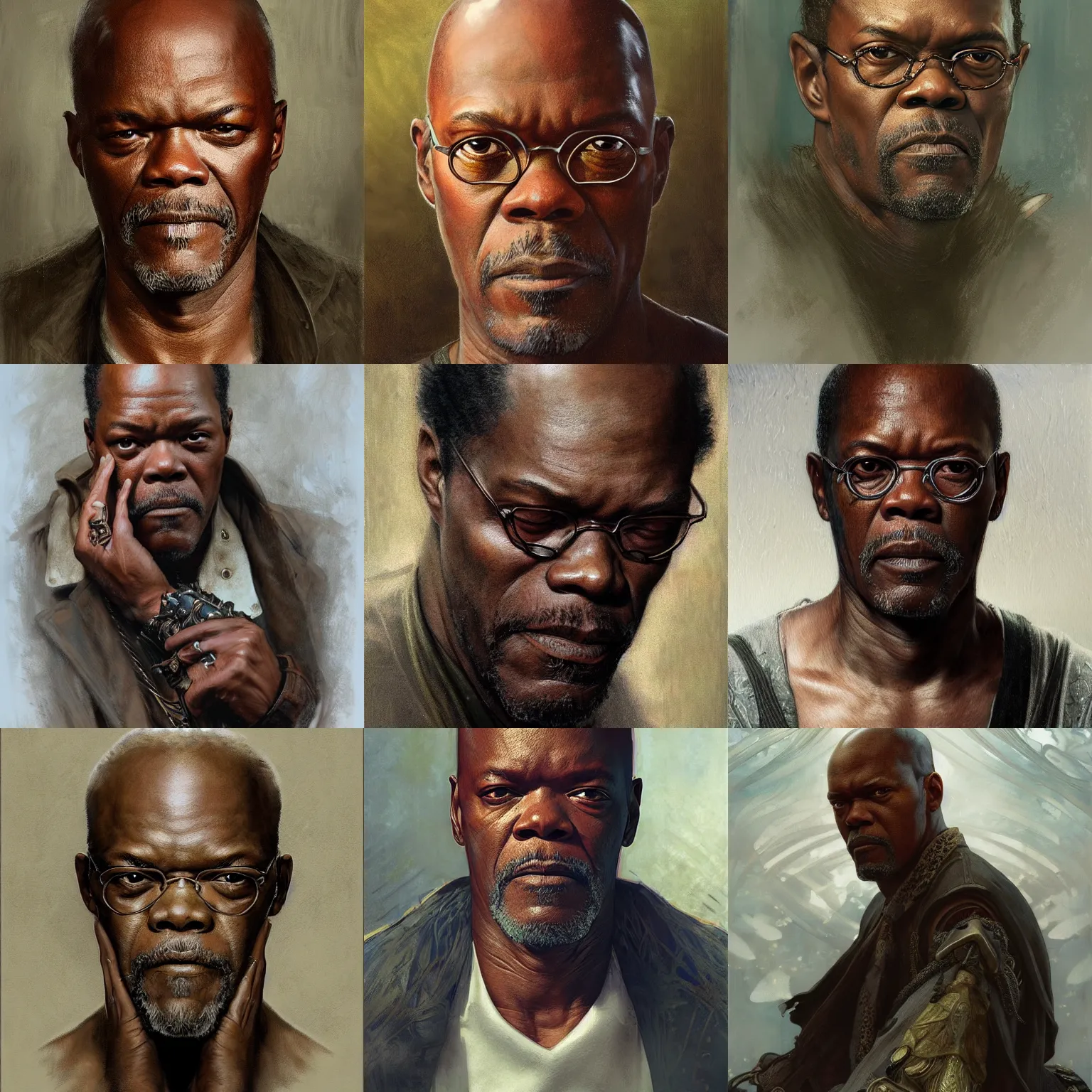 Prompt: Portrait of the Samuel L Jackson, unreal, fantasy, intricate, elegant, dramatic, highly detailed, photorealistic, digital painting, painterly, artstation, concept art, smooth, sharp focus, art by John Collier and Krenz Cushart and Artem Demura and Alphonse Mucha and Albert Aublet