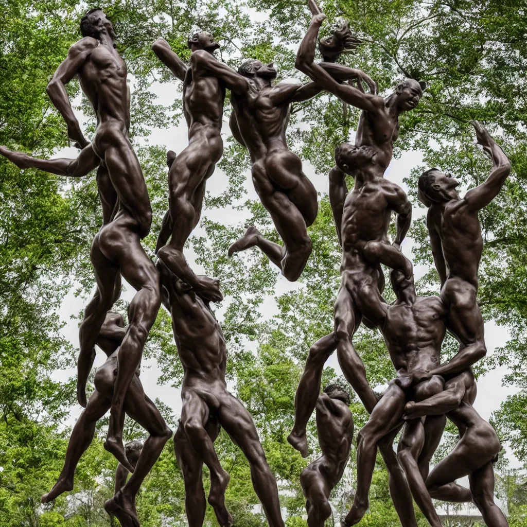 Prompt: utterly breathtaking sculpture of raining men, bronze sculpture, outdoor sculpture garden, HD, 8K, 4K, professional photography, Sigma 18-35mm,