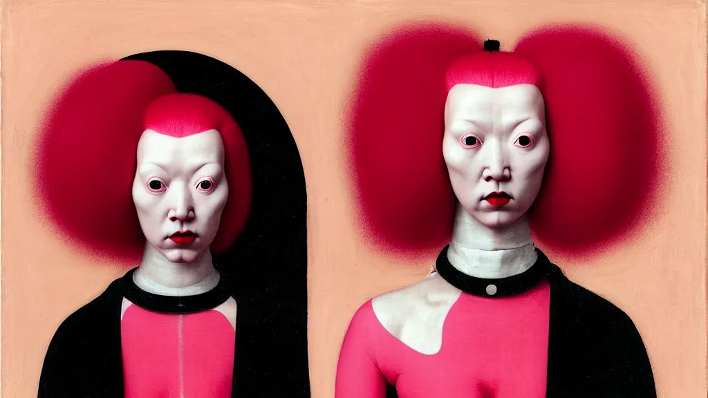 Prompt: symmetrical portrait of a woman wearing a pink silicone mask and red hair rolls, wearing a red bodysuit by alexander mcqueen, cream white background, biotechnology, bjork aesthetic, translucent, masterpiece, in the style of rogier van der weyden and jacopo da pontormo, by mark ryden, punk, asian art,