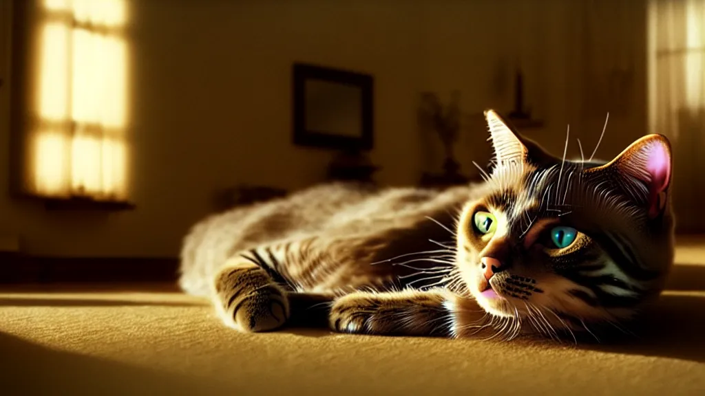 Image similar to an average american cat in the living room, film still from the movie directed by Denis Villeneuve with art direction by Salvador Dalí, wide lens