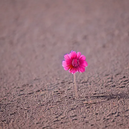 Prompt: a single small pretty desert flower blooms with a drop of moisture on a petal in the middle of a bleak arid empty desert, sand dunes, clear sky, low angle, dramatic, cinematic, tranquil, alive, life.