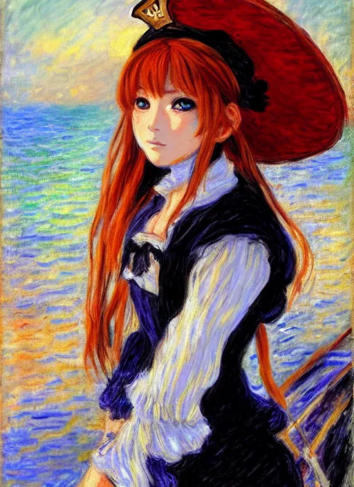 Image similar to a portrait of a female pirate, very anime in impressionist style, trending artwork, 4 k, anime painter studio, by claude monet