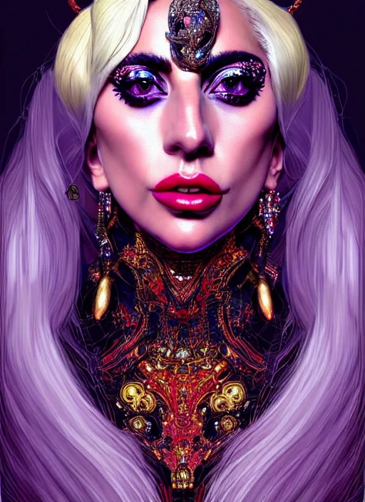 Prompt: portrait of Lady Gaga, Maximalism, orientalism, diffuse lighting, fantasy, intricate, elegant, highly detailed, lifelike, photorealistic, digital painting, artstation, illustration, concept art, smooth, sharp focus