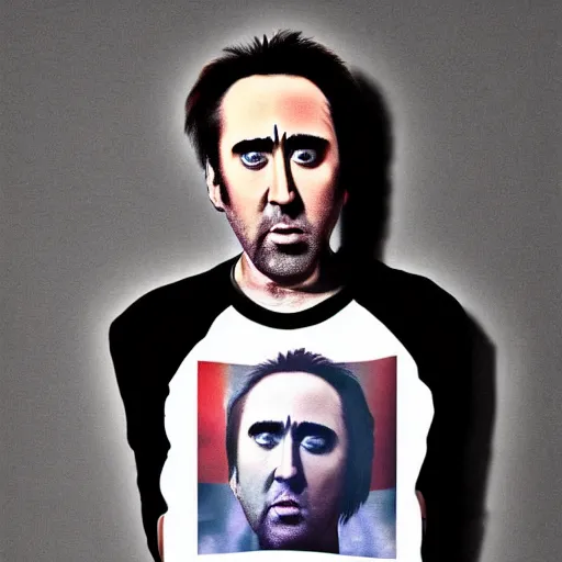 Image similar to nic cage wearing a shirt that is just a picture of his face, digital photography, high detail,