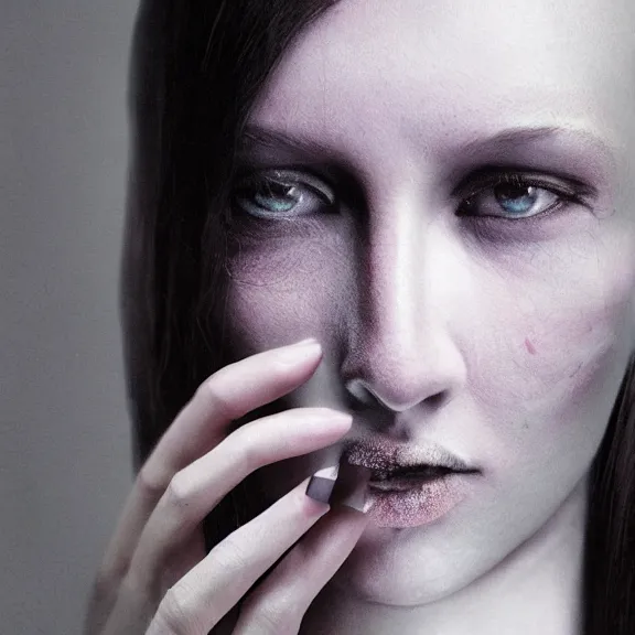 Image similar to a highly detailed 3 d render dark portrait of a woman in the style of chris cunningham and in the style of andrzej dragan, photo manipulation, dramatic lighting