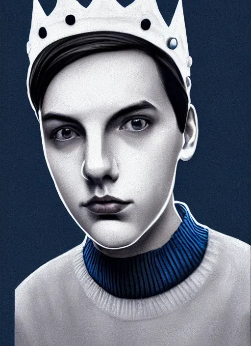 Image similar to portrait of teenage jughead jones wearing a light grey crown, crown, blue turtleneck, 1 9 5 0 s, closed eyes, photorealistic, black hair, glowing lighting, intricate, elegant, glowing lights, highly detailed, digital painting, artstation, concept art, smooth, sharp focus, illustration, art by wlop, mars ravelo and greg rutkowski