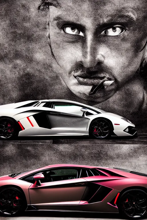 Image similar to Lamborghini Aventador with a vinyl wrap of a Dali Painting, studio lighting.