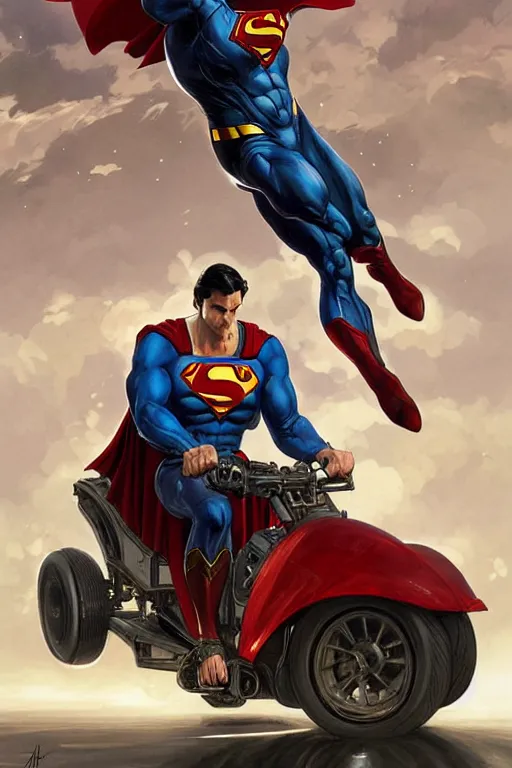 Prompt: superman riding a hover tricycle, cyberpunk, intricate, elegant, highly detailed, digital painting, artstation, concept art, smooth, sharp focus, illustration, art by artgerm and greg rutkowski and alphonse mucha