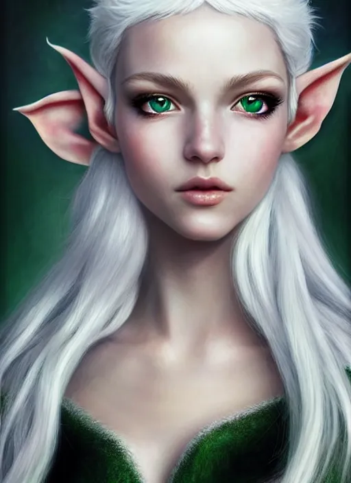 Prompt: a beautiful portrait, white background, gorgeous fantasy elf. black top, professionally retouched, soft lighting, realistic, smooth face, beautiful green eyes, long white hair, cute ears, wide angle, sharp focus on the eyes, 8 k high definition, insanely detailed, intricate, elegant, gorgeous, art by artgerm and wlop