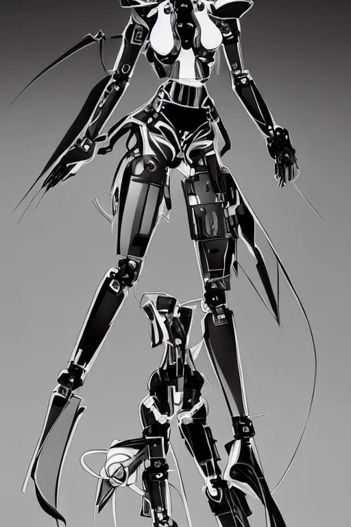 Image similar to fashion robot character design by yoji shinkawa, sharp lines, highly detailed, full body shot