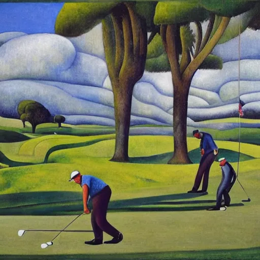 Image similar to Three golfers on a beautiful golf course, by Diego Rivera