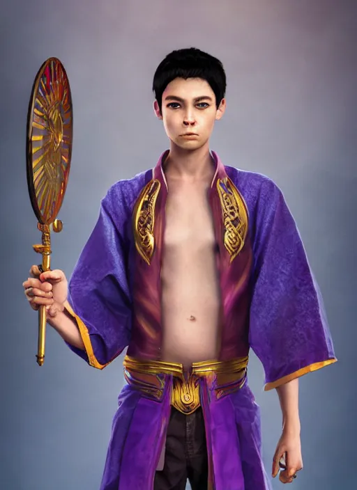 Image similar to An epic fantasy comic book style portrait painting of teenager boy with straight indigo hair, purple eyes with red eye markers, slim body, wearing a detailed Japanese kimono with golden armor pieces, holding a pair of fans. Unreal 5, DAZ, hyperrealistic, octane render, cosplay, RPG portrait, dynamic lighting