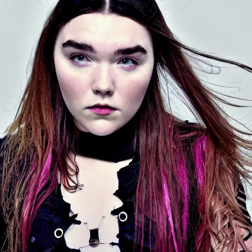 Image similar to Portrait of Florence Pugh, scene, emo, goth, mullet