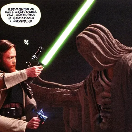 Image similar to obi wan kenobi fighting a xenomorph alien with his lightsaber in star wars a new hope 1 9 7 7