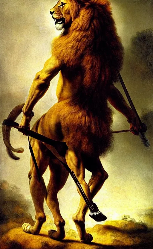 Prompt: backlight on muscular lion as barbarian hunter full body ,human legs ,very textured detailed oil painting by rembrandt