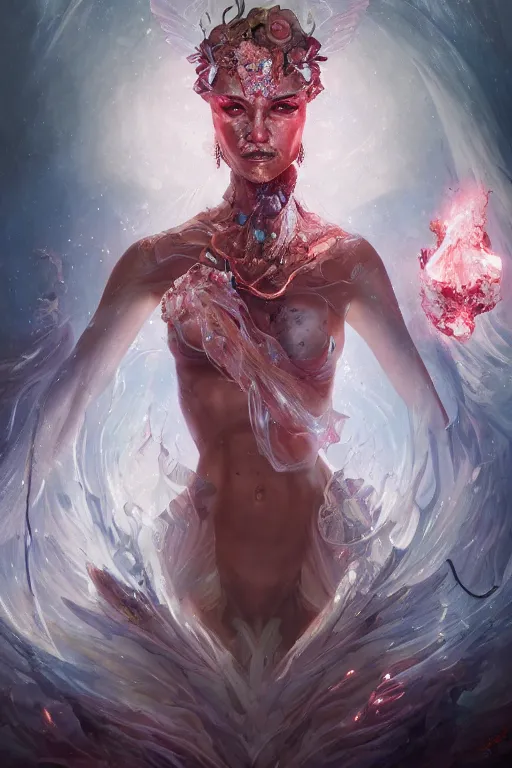 Prompt: torso closeup model wearing exploding flesh and blood crystal dress, sorcerer, diamonds, angel, fantasy, dramatic lighting, highly detailed, digital painting, holding electricity, magic the gathering, hyper detailed, 3 d render, hyper realistic detailed portrait, peter mohrbacher, wlop, ruan jia