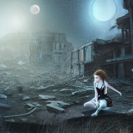 Prompt: A beautiful picture of a blue eye suicidal girl against the background of ruins of a destroyed city and a yellow-red moon, artstation, extremely detailed, volumetric lighting, atmosphere, hyper realism, fantasy 4k