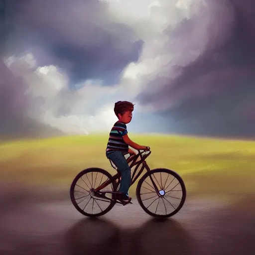 Prompt: A boy riding a bicycle flying through the clouds, painting, trending in artstation, artstationHD, artstationHQ, highly detailed, 4k